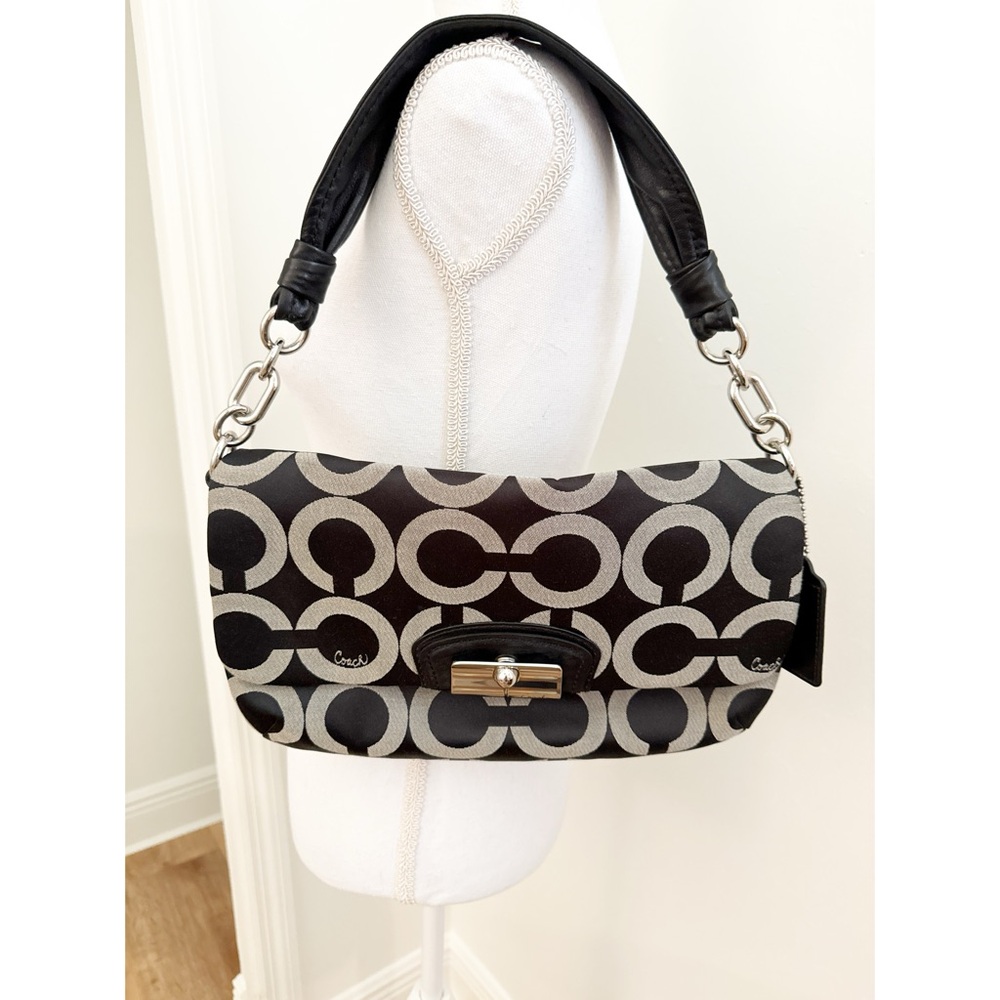 Coach Black/Gray Kristin Op Art Signature Flap Sateen Leather Shoulder Bag - Picture 14 of 14
